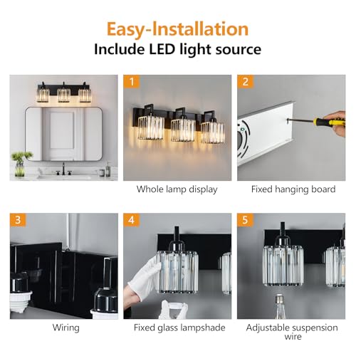 Modern Bathroom Vanity Light 3-Lights Plating Black Vanity Light Crystal Wall Light Bathroom Light Fixtures - color: Plating Black Crooked, size: 3-light