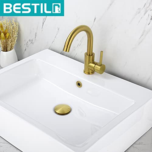 BESTILL Bathroom Sink Drain Stopper, Push Pop Up Drain with Overflow, Brushed Gold - color: Brushed Gold, style: with Overflow