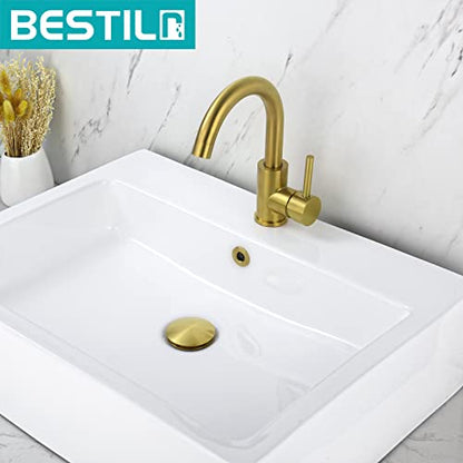 BESTILL Bathroom Sink Drain Stopper, Push Pop Up Drain with Overflow, Brushed Gold - color: Brushed Gold, style: with Overflow