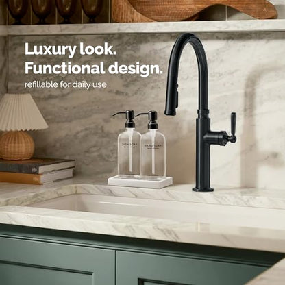 Vine Creations Glass Soap Dispenser Set, Kitchen Soap Dispenser Set with Ceramic Tray, 16 oz Dish Soap and Hand Soap Dispensers with Stainless Steel Pump Decor (Clear Bottle/Matte Black) - color: Clear Bottle / Matte Black Pump