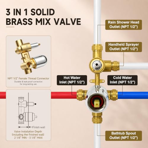 Shower System with Tub Spout, All Metal Bathtub Shower Faucet Set with High Pressure 10 Inch Rain Shower Head and Handheld Shower Head Set, Chrome (Valve Include) - color: Chrome
