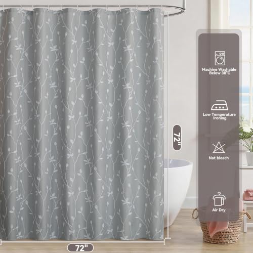 Embroidered Leaf Farmhouse Shower Curtain,Faux Linen,72Wx72L,Grey | Boho Modern Shower Curtain Set, Washable & Waterproof Fabric, Floral Shower Curtains for Bathroom with Hooks - color: Grey