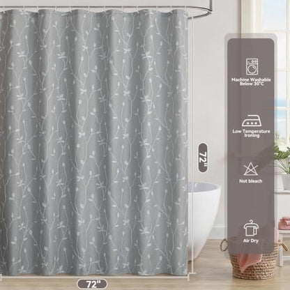 Embroidered Leaf Farmhouse Shower Curtain,Faux Linen,72Wx72L,Grey | Boho Modern Shower Curtain Set, Washable & Waterproof Fabric, Floral Shower Curtains for Bathroom with Hooks - color: Grey