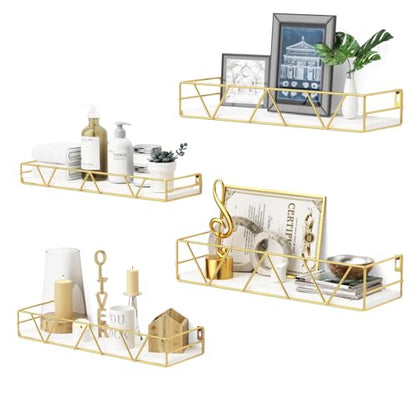 Floating Shelves Set of 4, Wood Wall Shelf, Farmhouse Shelf for Bedroom | Wall Mounted Floating Shelf for Living Room, Bedroom, Bathroom, Kitchen, Office - color: Gold-4pcs