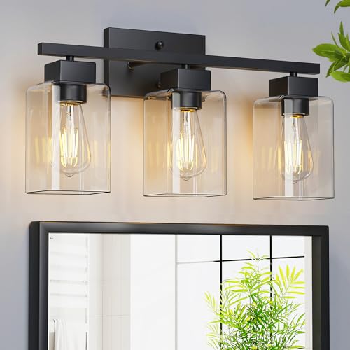 3-Light Bathroom Light Fixtures, Matte Black Modern Vanity Lights, Bathroom Lighting Fixtures Over Mirror, Square Design Farmhouse Wall Sconces with Clear Glass Shades - color: Matte Black, size: 3-Light