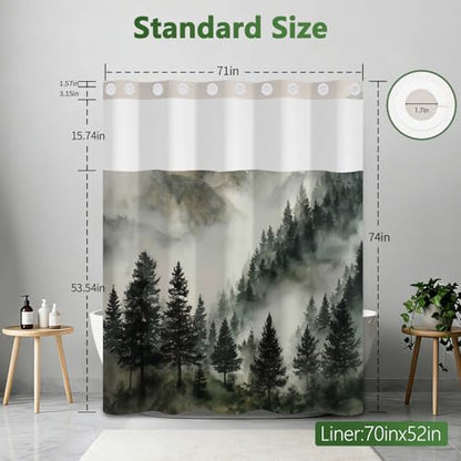 Misty Forest Shower Curtains for Bathroom, No Hook Shower Curtain with Snap in Liner and Sheer Top Window, 71x74 Inches Farmhouse Double Layer Waterproof Bathroom Shower Curtain Sets with Weighted Hem - color: Mountain Forest
