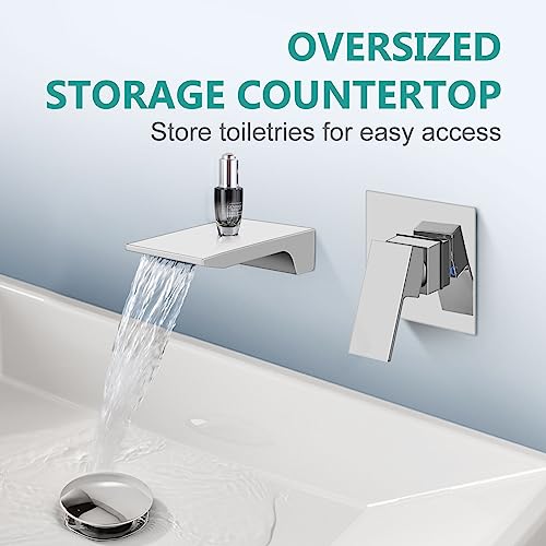 Wall Mount Bathroom Faucet, Brass, Polished Chrome, Waterfall Spout, Single Handle, Rough-in Valve Included | SUS304 Waterfall Spout, Rough-In Valve, Single-Handle Control, 1/2-Inch NPT, Flexible Handle Placement - color: Polish Chrome