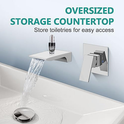 Wall Mount Bathroom Faucet, Brass, Polished Chrome, Waterfall Spout, Single Handle, Rough-in Valve Included | SUS304 Waterfall Spout, Rough-In Valve, Single-Handle Control, 1/2-Inch NPT, Flexible Handle Placement - color: Polish Chrome