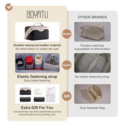 BOYATU Travel Makeup Bag Organizer Cosmetic Bag: 3 Pcs Set Make up Bags for Women with Handle - Waterproof Vegan Leather Toiletry Bags Travel Essentials Pouch with Compartments (A-01-Black) - color: 02-C-Black
