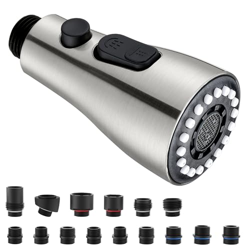 Kitchen Faucet Head Replacement, Metal Pull Down Sprayer with 15 Adapters | 304 Stainless Steel, 3 Functions:Stream/Spray/Pause, Sink Faucet Head Replacement, Brushed Nickel, Compatible with Moen Delta