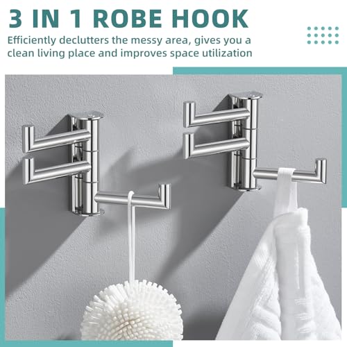 Foldable Wall Hooks with 3 Swivel Arms, 2 Pack, Polished Chrome | 304 Stainless Steel Swivel Towel Hooks, Heavy Duty 11 lbs, Bathroom, Kitchen Use, Space-saving Towel Storage, Wall Mounted - color: Polished Chrome, size: 2 Pack