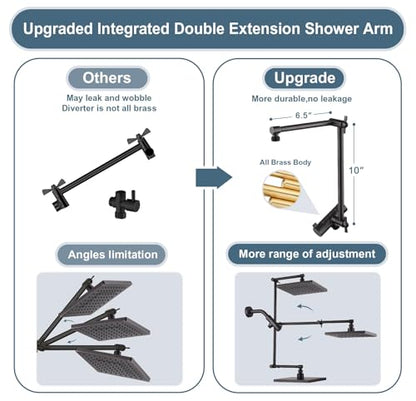 BRIGHT SHOWERS High Pressure Rain Shower Head Combo with Double Extension Arm, 8 Inch Rainfall Shower Head with Handheld Spray, Height Adjustable Dual Square Showerhead Set, Oil-Rubbed Bronze - color: Oil Rubbed Bronze, style: Dual Shower Head with Extens