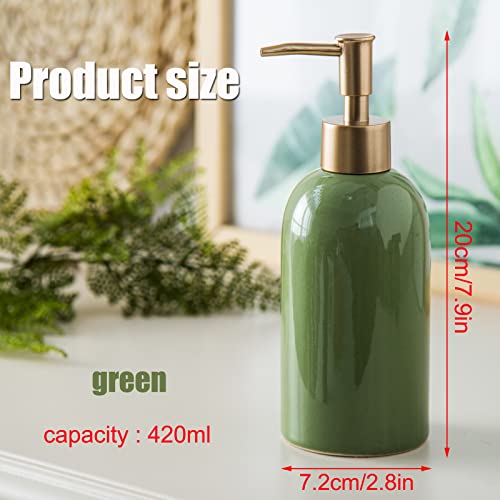 Refillable Soap Dispenser for Kitchen Sink,Small Gold Ceramic Lotion Pump Bottle for Bathroom Countertop Sink, Round Hand Soap Dispenser Bottle with Golden Stripe for Laundry Shower Liquid (Green) - color: Green