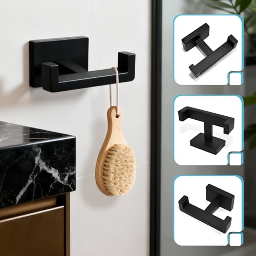 Double Towel Hook, Wall Mount, Matte Black | 304 Stainless Steel, Rust-Resistant, 2-Prong, 2.76" Hook Depth, for Bathroom/Kitchen/Pool, Rectangular Grip Prevents Slipping