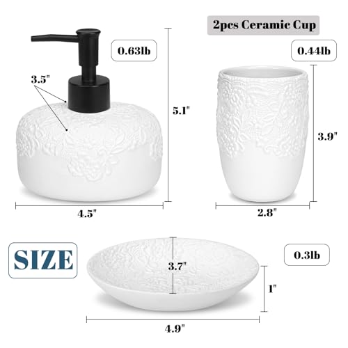 Bathroom Accessories Set, 4pcs Ceramic with Embossed Design Look Sets Bathroom Soap Dispenser 13.5oz & 2Pcs Ceramic Cup, 1Pcs Soap Dish - color: White-black