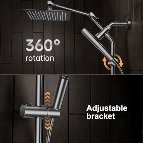Veken All Metal 10" Luxurious Gray Rain Shower Heads with Handheld Spray | Dual High Pressure Shower Head,Square Detachable Rainfall Showerhead with Extension Arm,Regaderas Para Shower,Ducha Para Baño - color: Premium Grey, size: 10 Inch