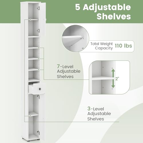 Tall Bathroom Storage Cabinet, 71’’ Slim Linen Tower Organizer with 2 Doors, 5 Adjustable Shelves & 1 Drawer, Narrow Floor Freestanding Bathroom Cabinet for Small Spaces (White)