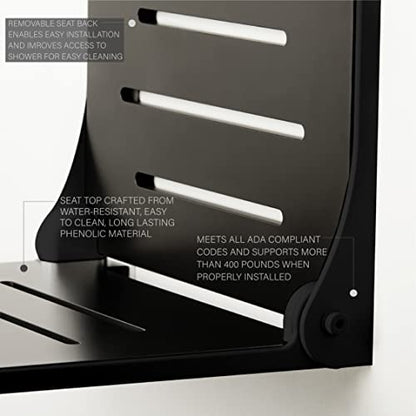 Seachrome SHAF-185155-PBS-S-MB High Back Silhouette Folding Wall Mount Shower Bench Seat with Matte Black Frame - color: Matte Black Seat With Matte Black Frame