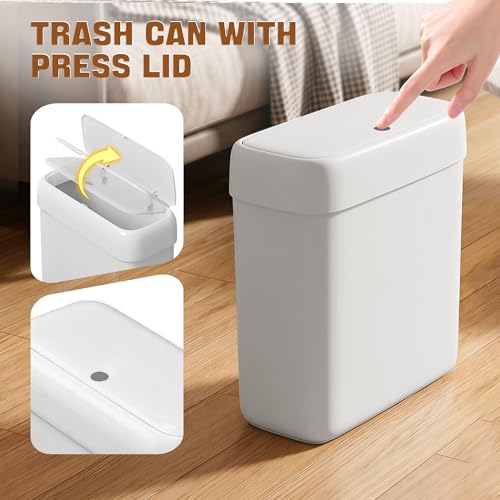 Small Bathroom Trash Can with Lid, 2.7 Gallon Slim Press-Top Trash Can, Pet-Resistant Narrow Plastic Wastebasket, White Garbage Bin for Bathroom Bedroom Office Dorm RV - size: 2.7 Gallon