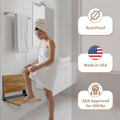 Teak Shower Seat - Contour Wood / Folding Wall Mount Bench for Inside Shower / ADA Safety Assist / 304 Stainless Steel / Matte Black / 26" x 16" - color: Matte Black, Teak, size: 26" x 16"