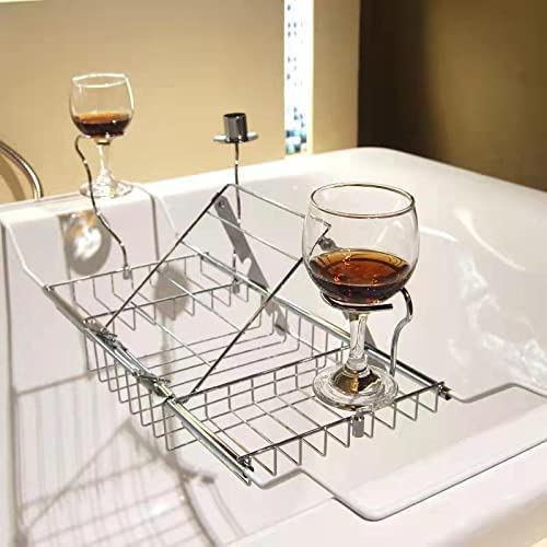 Expandable Bathtub Caddy Tray with Wine Holder & Reading Rack,Silver | Adjustable 20"-38" fits most tubs,Includes Soap Dish Wine Holder and Laptop Reading Rack,Bathtub Tray for Home - color: Silver