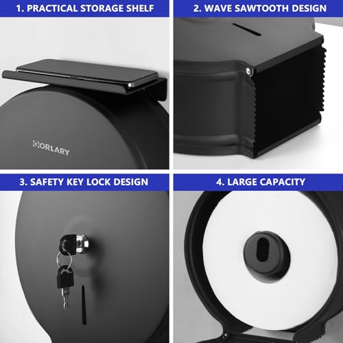 Gorlary Commercial Jumbo Toilet Paper Dispenser with Shelf, Matte Black | Wall Mount Stainless Steel Roll Holder, 9 inch Commercial Toilet Paper Roll Holder for Bathroom Office Restaurant - color: Black