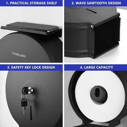 Gorlary Commercial Jumbo Toilet Paper Dispenser with Shelf, Matte Black | Wall Mount Stainless Steel Roll Holder, 9 inch Commercial Toilet Paper Roll Holder for Bathroom Office Restaurant - color: Black