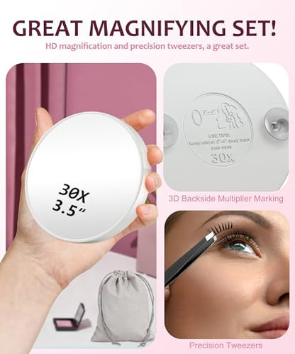 Magnifying Mirror 20X&30X&40X 3 Packs with Tweezer and Suction Cups Set, 3.5 Inches Compact Travel Magnified Mirror-White - color: White