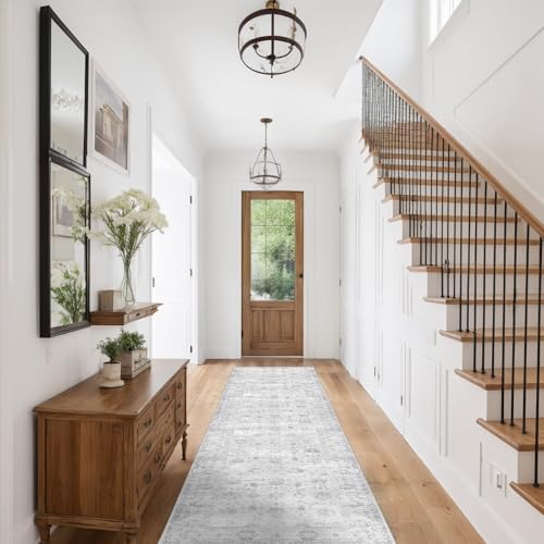 Hallway Runner Rug 2x10 Washable Area Rugs, Vintage Floral Rug Soft Non Slip Stain Resistant Boho Floor Carpet Runners for Hallways Entryway Laundry Room Kitchen Bathroom, and Bedroom Grey - color: Grey, size: 2' x 10'