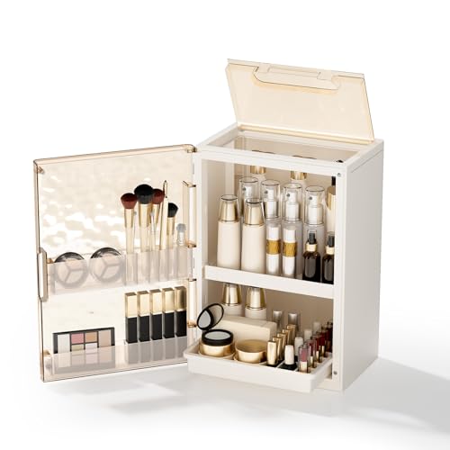 Makeup Organizer with Drawers and Lid, Large Skincare Organizer for Vanity, Dustproof Cosmetic Organizer and Makeup Storage Box with Brush Holder for Dresser, Bathroom Countertop