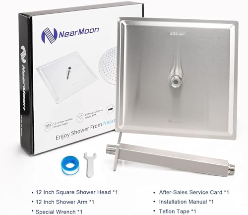 NearMoon Rain Shower Head With Shower Arm, Ceiling Mount Square Shower, Stainless Steel Ceiling Rainfall Showerhead- Waterfall Full Body Coverage (12 Inch, Brushed Nickel) - color: Brushed Nickel, size: 12 Inch