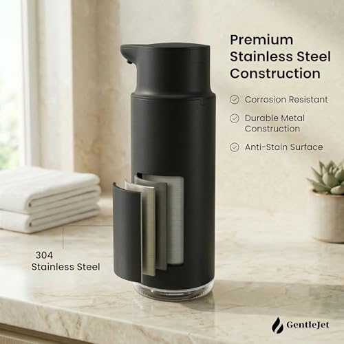 GentleJet CrystalJet Automatic Liquid Soap Dispenser Touchless Sensor, Stainless Steel, USB-C Rechargeable, Waterproof Kitchen & Bathroom Countertop Soap Dispenser, 300 ml - color: Black