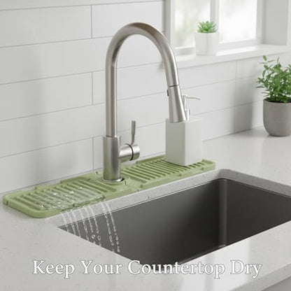 Silicone Faucet Splash Guard Mat，13 x 3.35 Inches | For Kitchen & Bathroom Sinks,Flexible Drainage Tray Design,Helps Keep Sink Area Dry,Easy to Use and Clean - color: Green