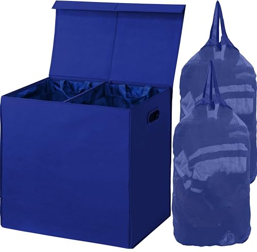 Simple Houseware Double Laundry Hamper with Lid & Removable Bags, Dark Blue | Heavy Duty 600D Polyester, Water-Resistant Surface - color: Dark Blue