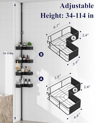 Kitsure Tension Pole Shower Caddy - Adjustable Corner Shower Shelf with Metal Baskets, Rust-Resistant Bathroom Shower Organizer, No-Drill Installation, (Adjustable Height: 34.2-114.1 in), W 7.5 in