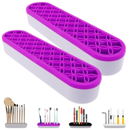 2Pcs Silicone Makeup Brush Holder Stand Purple Make Up Brushes Holder Organizer Makeup Brush Holders for Painting Pen Brushes Nail Clippers Drill Pens Ruler Sewing Craft Tools - color: Purple