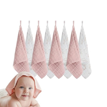 Muslin Baby Washcloths for Newborns, Pack of 8, 11"x11", Super Soft Cotton, Absorbent and Gentle, Baby Cotton Wipes, Baby wash Cloths - color: Pink and Fish