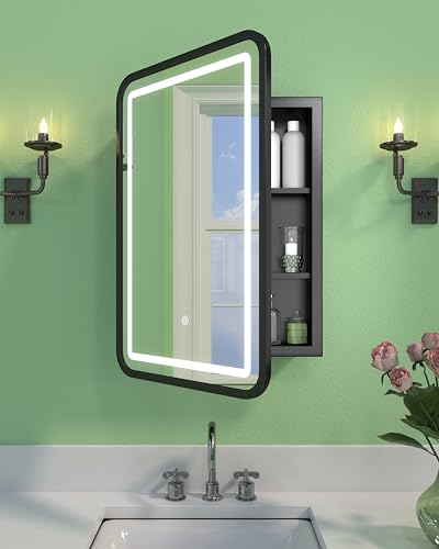 LED Medicine Cabinet Mirror for Bathroom with Lights 16x24 Inch | Wall Mounted or Recessed, Black Metal & Shatterproof Tempered Glass, Stable & Removable 2 Shelves, Dimmable 3 Lighting Colors - color: 16"x24" With Led