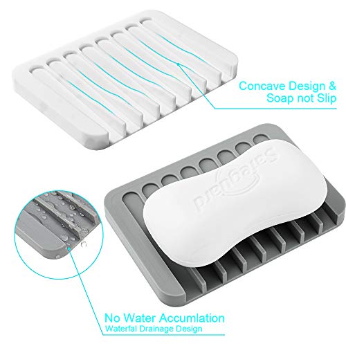 2PCS Soap Dish Holder, Premium Silicone Soap Dishes for Shower Bathroom Kitchen Sinks， Soap Tray Saver Drainer, Self-draining Waterfall, Non-Slip Design, Easy Cleaning (White) - color: White