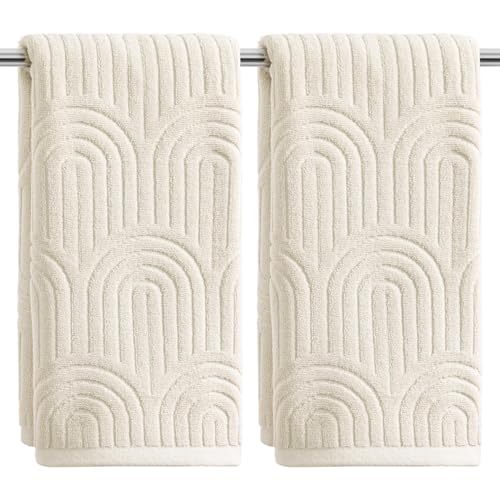 Artoid Mode 2 Pcs Beige 3D Arched Stripes Jacquard Hand Towels for Bathroom, 100% Cotton Soft Absorbent Bathroom Decor Towels, 13.7 x 29.5 Inch - color: Beige, size: 13.7" x 29.5", 2PCS
