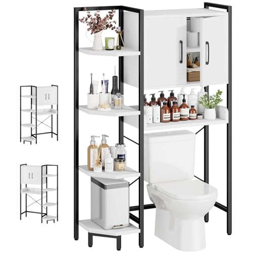 K2 Heavy Duty 7-Tier Over The Toilet Storage Cabinet（With Magnetic Doors & Adjustable Feet）Freestanding Above Toilet Shelf，Space Saver Bathroom Organizer 9.3"D x 31.5"W x 67.2"H，Beige White - color: White