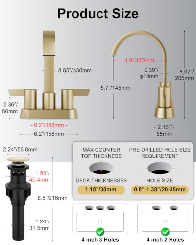 Brushed Gold Bathroom Faucet,4 Inch Centerset 2-Handle Waterfall | Includes Pop-Up Drain,24-Inch Supply Lines,Mounting Hardware,SUS304 Stainless Steel Construction,And A 360° Swivel Spout - color: Brushed Gold