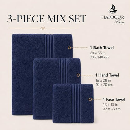Towel Set for Bathroom, 3 Piece Turkish Cotton Bath Hand and Wash Towels | Mixed size set in Azure Blue, 600 gram weight. Double stitched hems suit family and guest use. - color: Azure Blue