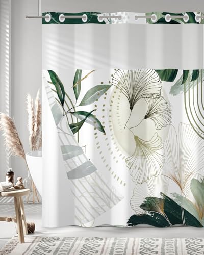 Modern No Hook Shower Curtain with Snap in Liner Set, 71x74 Inch | Double layer Waterproof Fabric with Mesh Top, Abstract Green Botanical Leaf & Geometric Print for Boho & Mid Century Bathroom - color: Boho-3