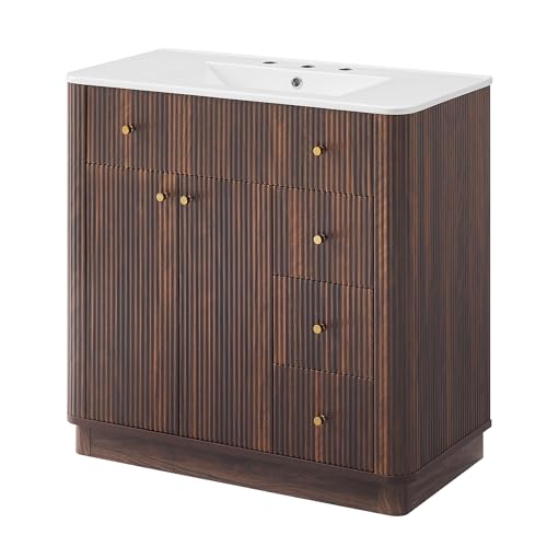 T4TREAM 72" Fluted Bathroom Vanity with 2 Single Sinks, Dark Walnut | Integrated Ceramic Sink, Large Storage Cabinet, Adjustable Shelf, 3 Drawers, Three pre-drilled faucet holes, Mid-Century - color: Dark Walnut, size: 72" (2 Single Sinks)