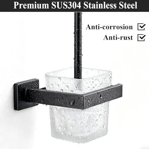 Matte Black Toilet Brush and Holder Set, NEWRAIN Wall Mounted Toilet Bowl Brush with Long Handle, Stainless Steel Toilet Brushes for Bathroom-Space Saving - color: Matte Black