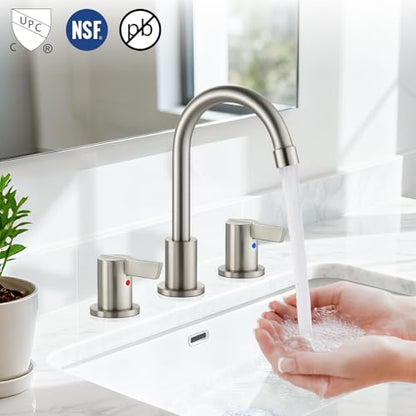 Bathroom Sink Faucet 3 Hole, 8 Inch Widespread, Brushed Nickel | Lead-Free SUS304 Stainless Steel 8-Inch Widespread Bathroom Faucet with Pop-Up Drain & Supply Lines - color: Brushed Nickel