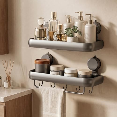 Aluminum Corner Shower Caddy Suction Cup, 2 Pack Gray No Drilling Shower Shelves, Detachable and Reusable Shower Organizer with Removable Hooks and Towel Bar - color: Rectangle-Black