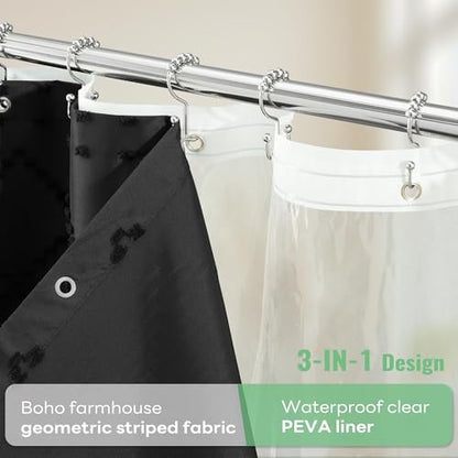 Stall Shower Curtain and Liner Set - 60 x 84 inch Long Boho Shower Curtain and Waterproof Clear Liner, Tufted Geometric Striped Tassel Shower Curtains for Bathroom, 10 Hooks, 60x84, Black - color: Black, size: 60"W x 84"L (Pack of 1)