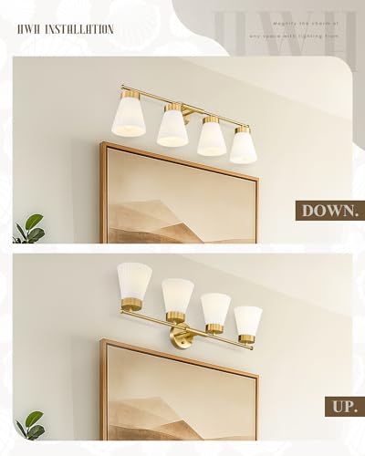 Bathroom Light Fixtures Brushed Gold, HWH 4 Light Vanity Lights Over Mirror, Modern Wall Lamp Bathroom Lighting with Frosted White Striped Glass, 5HZG97B-4W BG - color: Brushed Gold, size: 4-Light